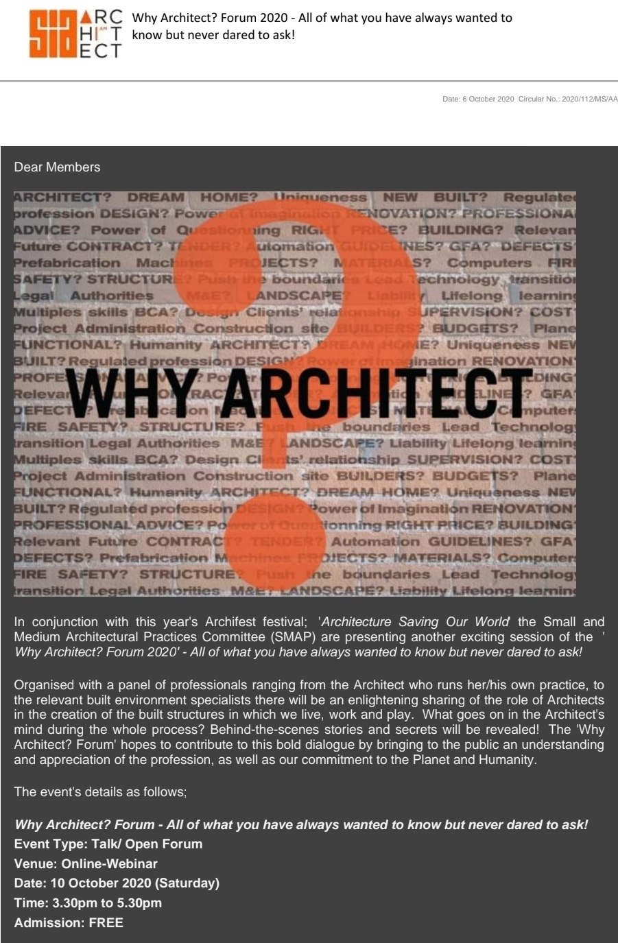 Singapore Institute of Architects, Why Architect? Forum 2020